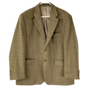 Chaps Ralph Lauren Olive Plaid Wool Blazer 44S 2-Button Notch Lapel Long Sleeve